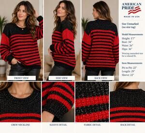 American Pride USA Red Black Metallic Striped Sweater Retro Rocker Grunge